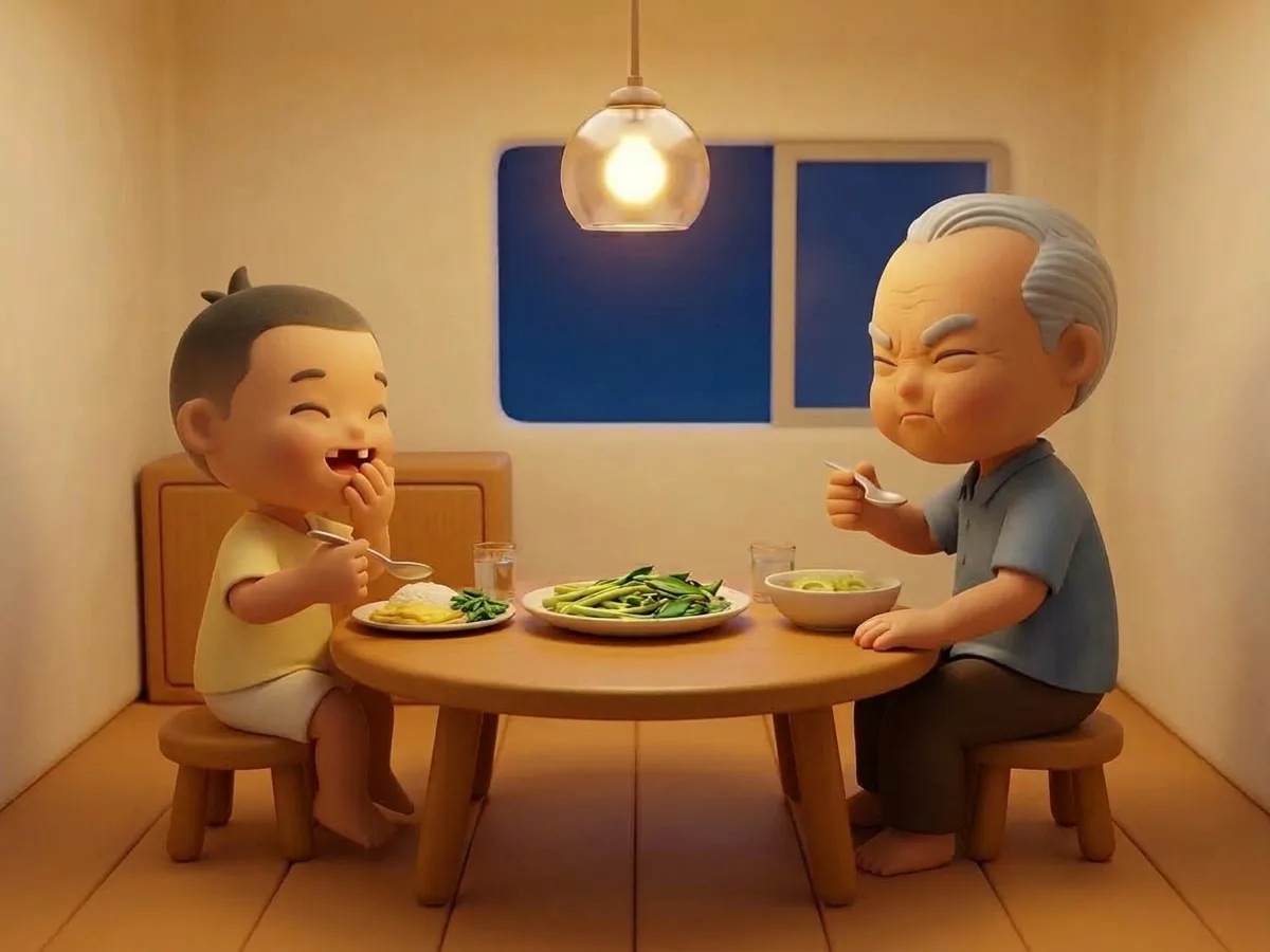 ปู่ย่นหน้าทั้งหน้าจนตาหลับปี๋หลังกินมะระเข้าไปคำหนึ่ง ช้อนยังยกอยู่ในมือ เด็กชายทางซ้ายหัวเราะจนเห็นช่องฟันหน้าที่หลอ เอามือข้างหนึ่งปิดปากไว้ ส่วนมืออีกข้างยังถือช้อนอยู่เหนือจาน