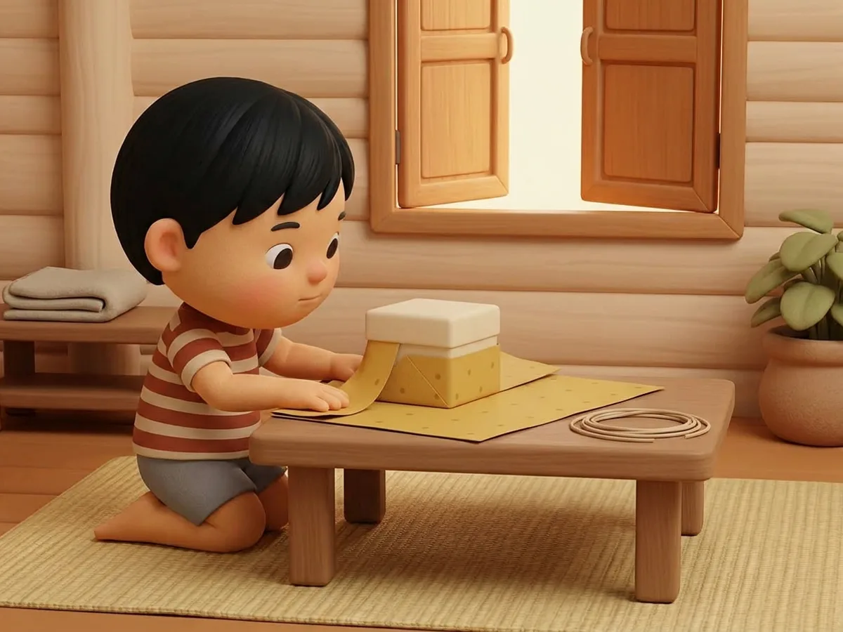 เด็กชายคุกเข่าห่อของขวัญเองอยู่คนเดียว พับด้านหนึ่งเรียบแล้วกำลังกดอีกด้านหนึ่งอยู่ สี่มุมยังกางแบนบนโต๊ะ