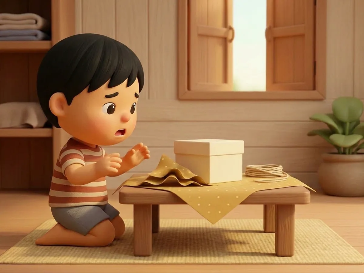 เด็กชายยกมือทั้งสองข้างพ้นกระดาษห่อของขวัญ ปากอ้าพูดด้วยสีหน้าไม่พอใจเล็กน้อย มีมุมกระดาษมุมหนึ่งย่นและเผยอขึ้น