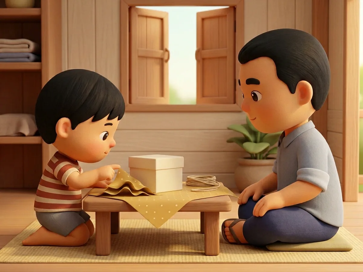เด็กชายชี้นิ้วไปที่มุมกระดาษที่ย่น สายตามองที่มุมนั้น ผู้ใหญ่นั่งมือวางบนเข่าตัวเองมองตามที่ชี้โดยไม่แตะกระดาษ
