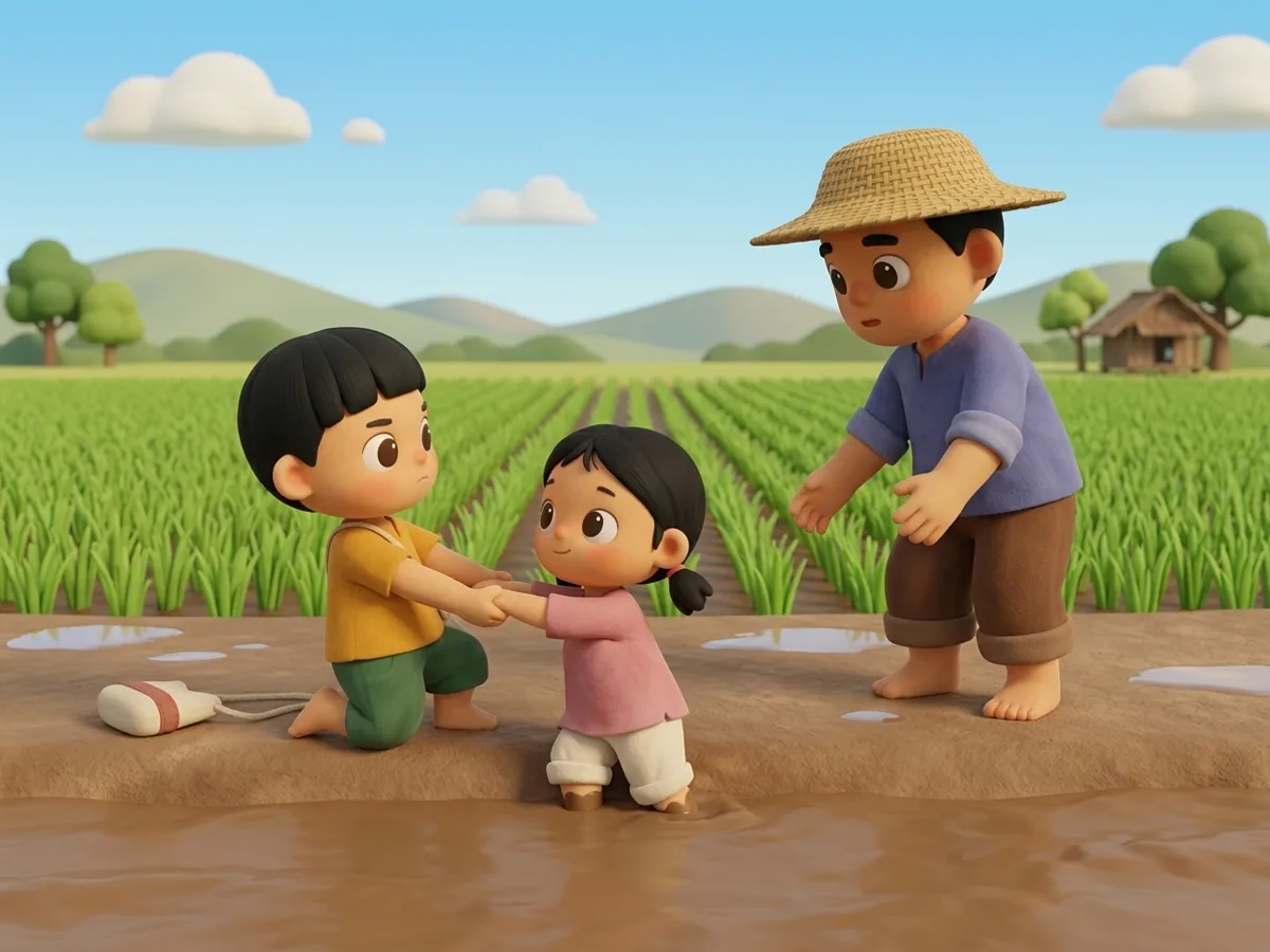 เด็กชายวางถุงผ้าลงแล้วคุกเข่าจับแขนดึงเด็กหญิงขึ้นจากโคลน ขณะลุงคลายแขนออกและก้มตัวลงมาช่วย
