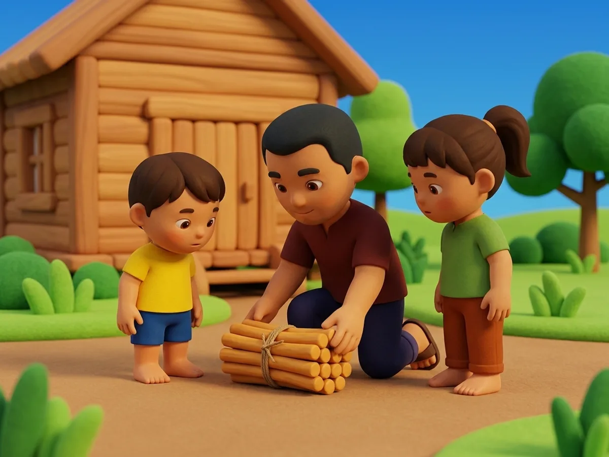 พ่อคุกเข่าวางมัดฟืนที่ผูกเชือกไว้แน่นลงบนลานดินระหว่างเด็กสองคน ทั้งคู่ก้มลงมองมัดฟืนด้วยความสงสัย