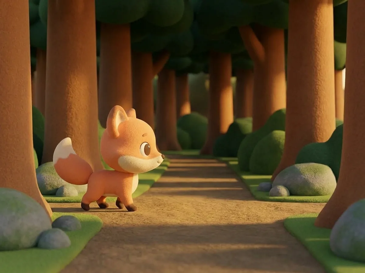 จิ้งจอกน้อยเดินอย่างสบายใจบนทางเดินแคบในป่าที่คุ้นเคย มีลำต้นไม้เรียงสองข้างและแสงแดดลอดเป็นหย่อม ๆ