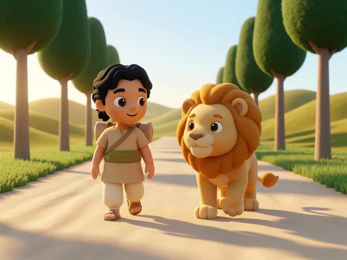 นักเดินทางกับราชสีห์เดินเคียงกันบนถนนฝุ่นท่ามกลางเนินเขา คุยกันอย่างสบายใจเหมือนเพื่อนเก่า