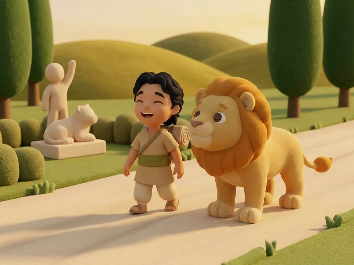 นักเดินทางหัวเราะร่าเริงเดินเคียงข้างราชสีห์ที่ดูพอใจ ทั้งคู่เดินจากรูปสลักไปด้วยกันอย่างสบายใจ