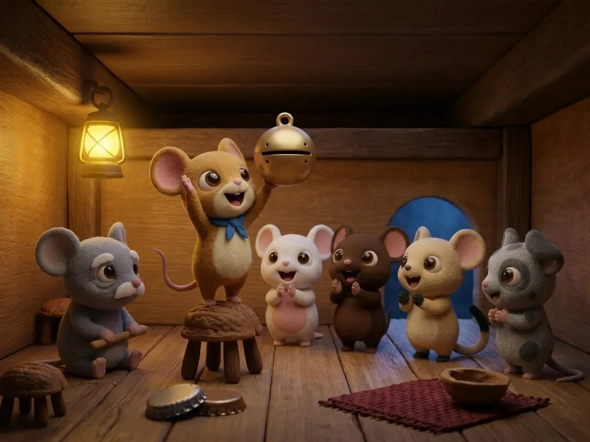 หนูหนุ่มยืนบนเปลือกวอลนัทชูกระดิ่งเหนือหัว หนูอีกสี่ตัวปรบมือดีใจ หนูเฒ่านั่งเงียบอยู่ริมห้อง
