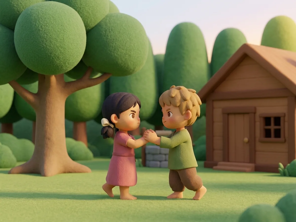 เด็กหญิงกับเด็กชายจับมือกันแน่นสองข้าง สีหน้าเด็ดเดี่ยว กำลังจะก้าวออกจากบ้านตอนเช้าตรู่