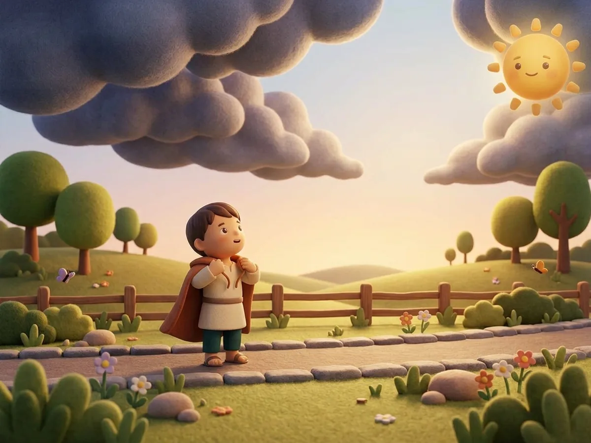 เมฆพายุเริ่มเปิดออก ดวงอาทิตย์หน้ายิ้มโผล่มาทางขวาส่องแสงอุ่น ๆ เด็กหยุดเดินแล้วคลายผ้าคลุมออกจนเห็นเสื้อสีครีมข้างใน พร้อมเงยหน้ามองฟ้า