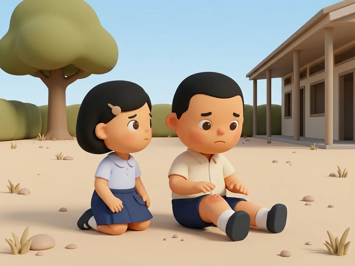 เด็กชายนั่งกับพื้นเข่าถลอกเป็นรอยมนสีอ่อน เด็กหญิงคุกเข่าอยู่ข้าง ๆ มองด้วยความกังวล กลางสนามที่ไม่มีผู้ใหญ่