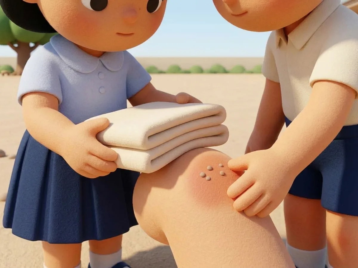 ภาพระยะใกล้ของมือเด็กหญิงถือผ้าพับหนาแตะที่เข่าเด็กชายซึ่งมีรอยถลอกสีอ่อน