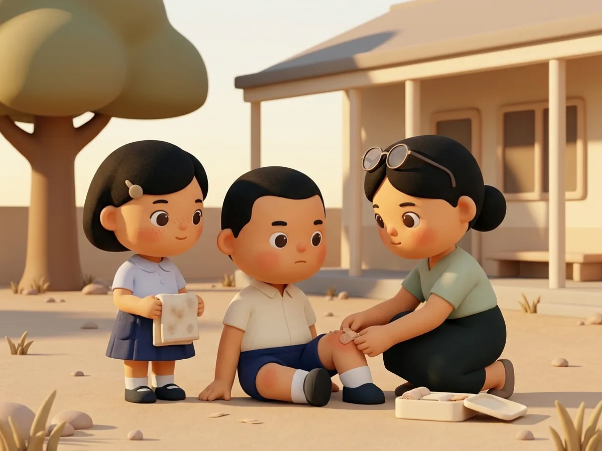 ผู้ใหญ่คุกเข่าแปะพลาสเตอร์ที่เข่าเด็กชาย กล่องยาเปิดอยู่บนพื้น เด็กหญิงยืนถือผ้าที่เปื้อนดินจาง ๆ อยู่ข้าง ๆ
