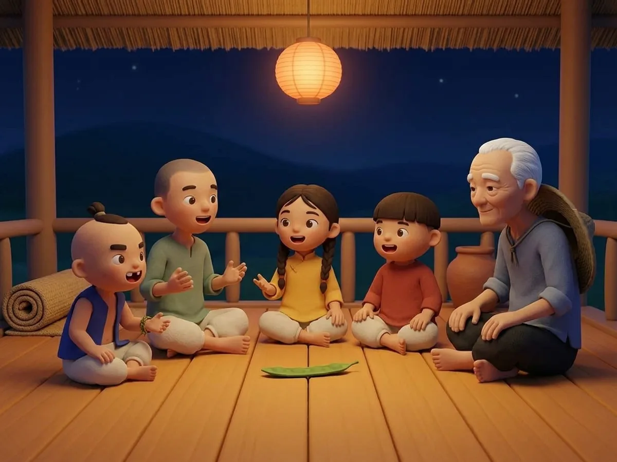 บนชานบ้านไม้ยามค่ำคืนใต้แสงโคมกระดาษสีส้ม พี่น้องสี่คนนั่งขัดสมาธิเป็นวงพูดพร้อมกันมือไม้ขยับ มีฝักทองกวาวหนึ่งฝักวางอยู่กลางวงโดยไม่มีใครแตะ คุณตานั่งแยกอยู่ทางขวานิ่งเงียบฟัง หมวกสานยังคาดอยู่บนหลัง ท้องฟ้ากลางคืนสีครามเห็นดาวอยู่ไกล ๆ
