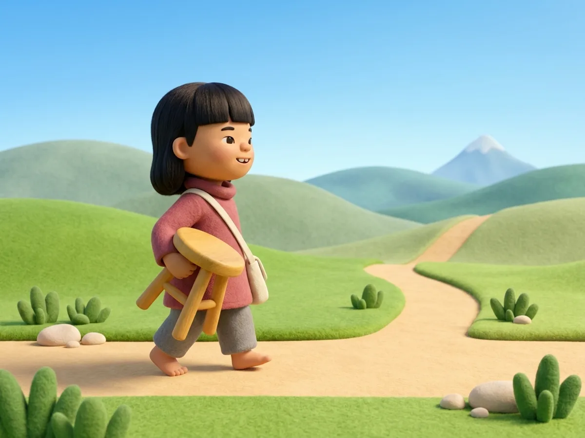 เด็กเดินยิ้มอย่างร่าเริงบนทางเดินกลางวันท่ามกลางเนินเขาเขียวขจี มือหนึ่งถือเก้าอี้ไม้สามขาไว้ข้างตัว สะพายย่ามผ้า มีภูเขาเล็ก ๆ อยู่ไกลลิบทางขวา