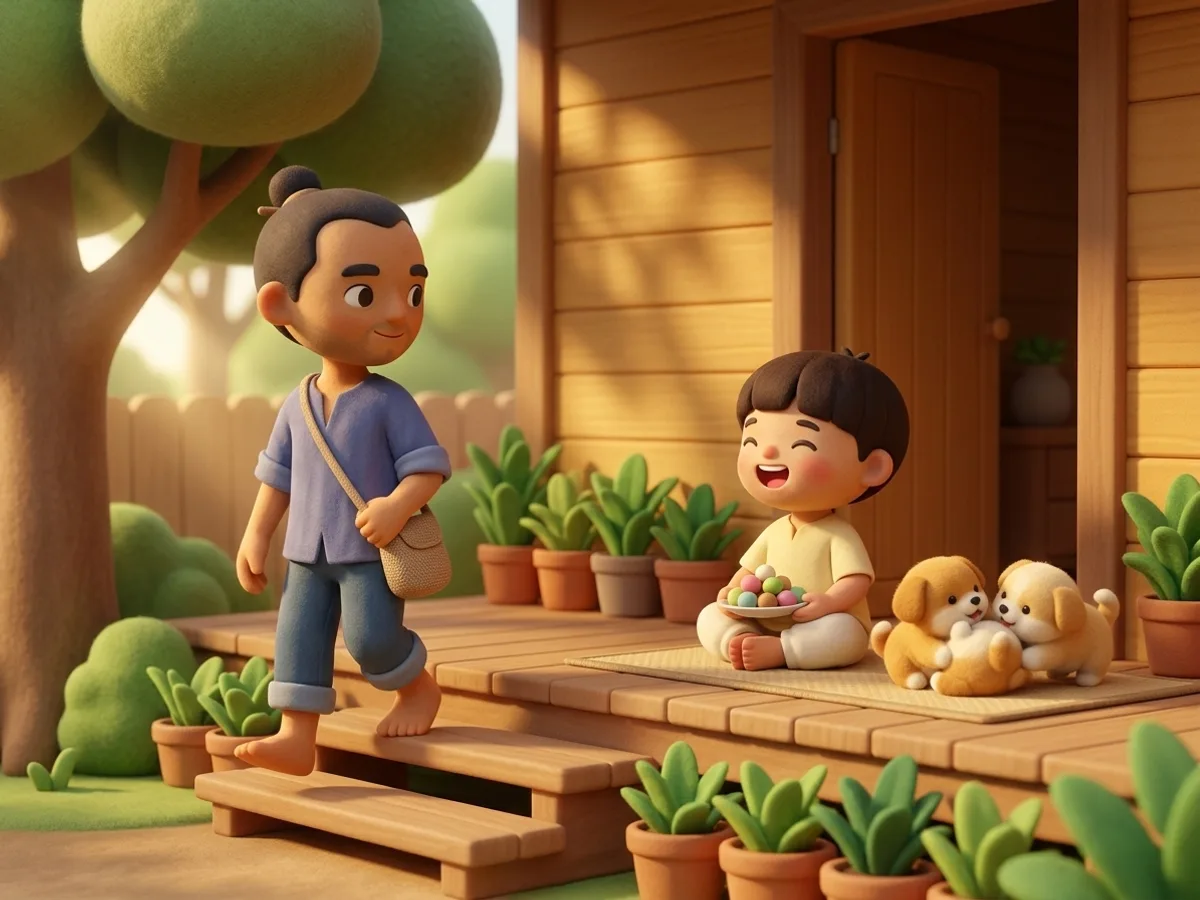 เด็กชายนั่งกินขนมหัวเราะร่าอยู่บนเสื่อกับลูกหมาสองตัว ชายร่างผอมเดินลงบันไดหันมายิ้มให้