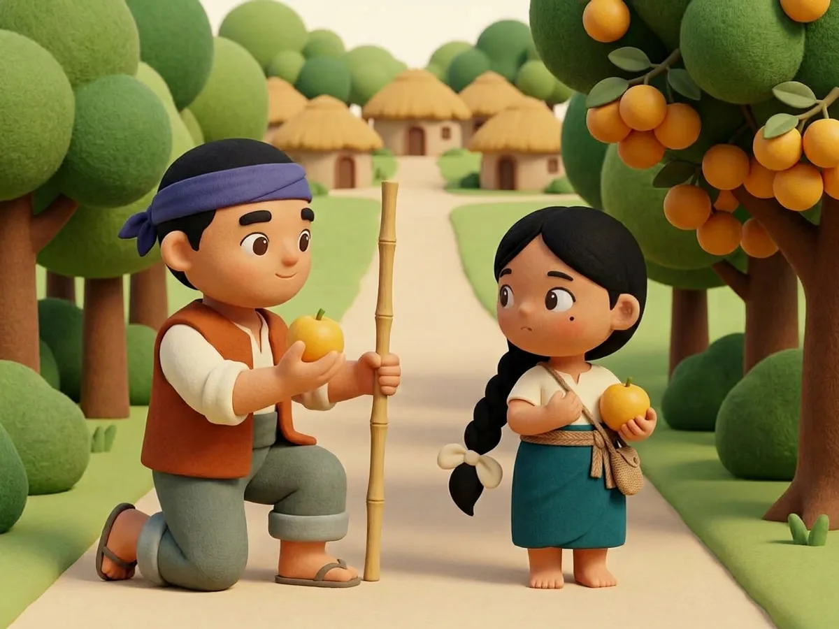 ผู้ใหญ่คุกเข่าลงระดับสายตาเด็กหญิงยื่นผลไม้ให้ดู เด็กหญิงหันหน้าไปมองต้นไม้ผลเต็มต้นด้วยสีหน้าครุ่นคิด